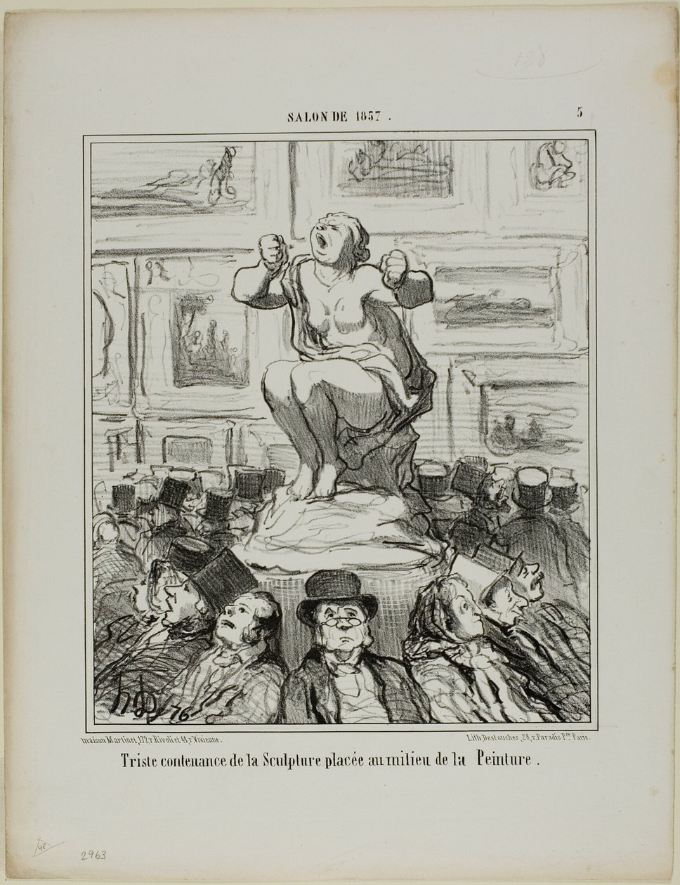 画展中间摆放雕塑的不快》，1857 年沙龙展图版 5 作者 奥诺雷·维克托林·杜米埃