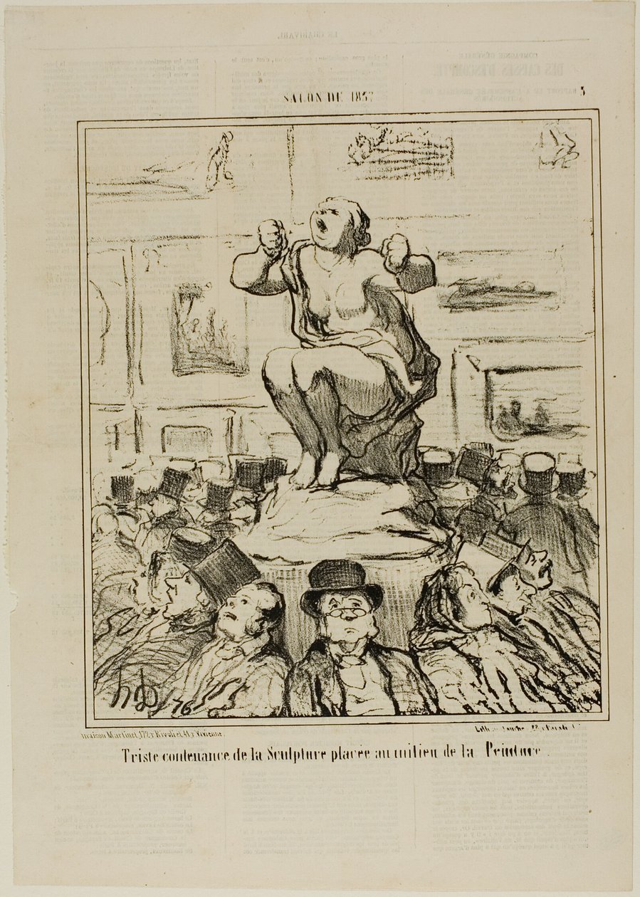 画展中间摆放雕塑的不快》，1857 年沙龙展图版 5 作者 奥诺雷·维克托林·杜米埃