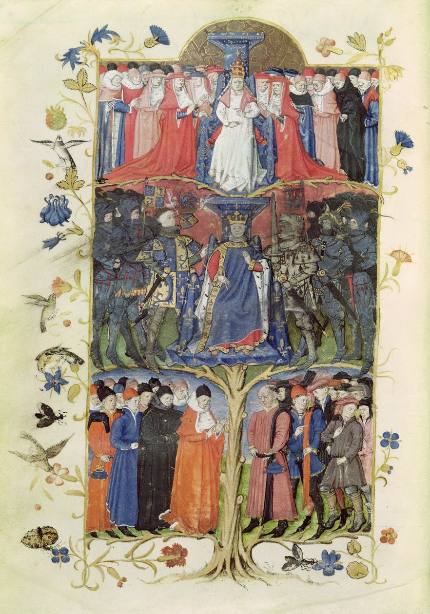 2695 f.6v战斗之树：国王查理七世（1403-61）在多芬之间，未来路易十一（1423-83）在他的右边和左边，亚瑟，里士满伯爵，法国警察（1425- 58）和D. 作者 荣誉勋章