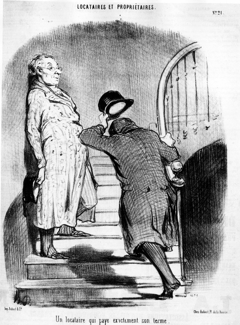 一个完全按期付款的租户，取自Honore Daumier（1808-1879）的漫画系列《租户和业主》。"Charivari" 作者 奥诺雷·杜米埃