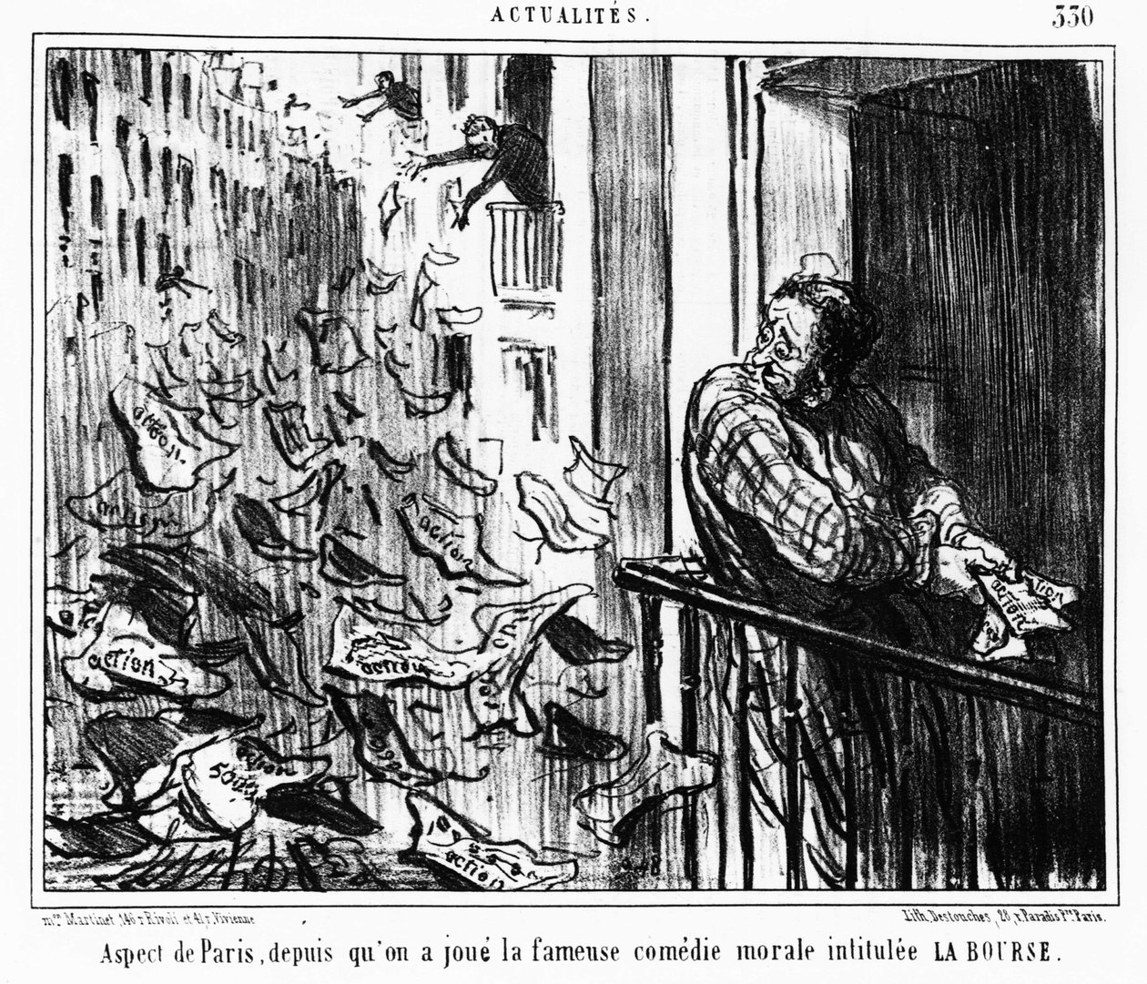 巴黎的外观，因为著名的道德喜剧题为LA Bourse：serie取自 "Actualites"，一系列关于Honore Daumier的股票交易的漫画（1808-1879）。"Charivari" 作者 奥诺雷·杜米埃