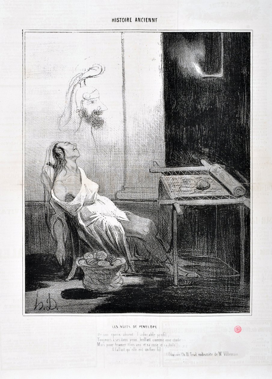Honore Daumier (1808-1879)的艺术作品《Charivari》可追溯到1842年：Serie HISTORIE ANCIE Les Nuits de Penelope "从她缺席的宠爱中，可爱的轮廓，永远闪耀着她甜美的眼睛，像一颗星星，旨在编织三年，他的狡猾和他的帆布。 作者 奥诺雷·杜米埃