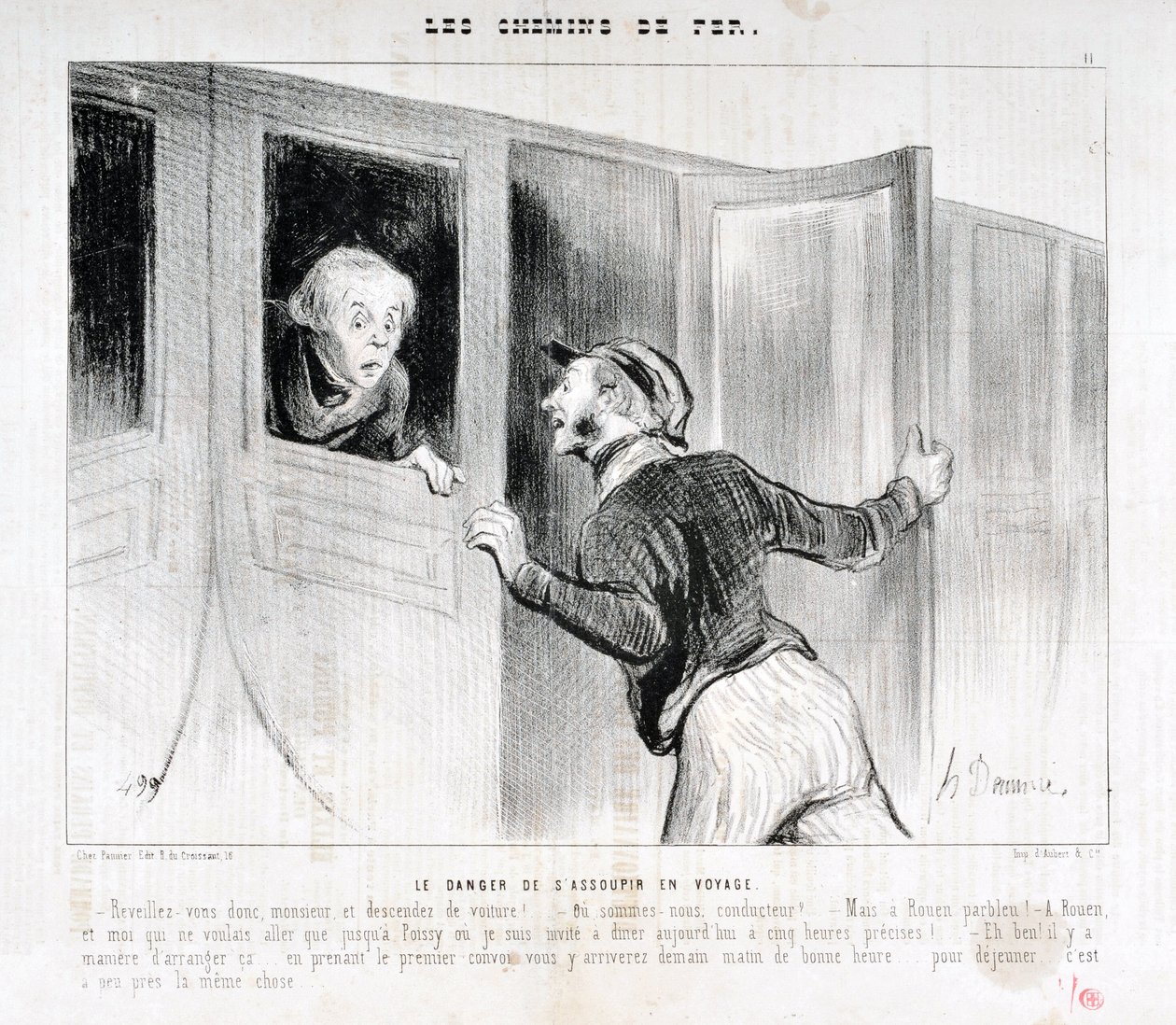 霍诺尔-杜米埃（1808-1879）的作品。Charivari》可追溯到1843年。LES RAILWAYS系列 在旅途中睡着的危险 "--先生，醒醒，下车！"。- 我们在哪里开车？- 但是，鲁昂parbleu!- 在鲁昂和我，我只想去波伊斯 作者 奥诺雷·杜米埃