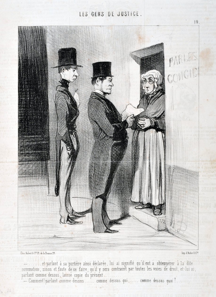 霍诺尔-杜米埃（1808-1879）的作品。Charivari》是1845年的作品。LES PEANS DE JUSTICE"-......在他家门口这样宣布，对他来说意味着他必须服从上述总结，否则，如果不这样做，他将被迫 作者 奥诺雷·杜米埃
