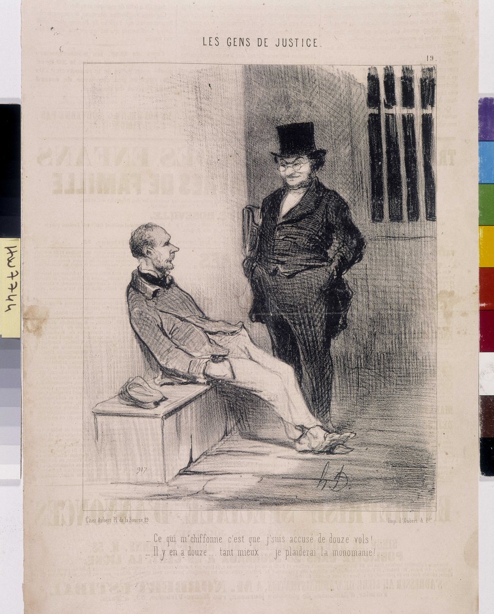 霍诺尔-杜米埃（1808-1879）的作品。Charivari》可追溯到1845年。LES PEANS DE JUSTICE系列。"让我感到不安的是，我被指控犯有12项抢劫罪！"。- 有12个......好得多......。我将为 "自恋症 "辩护》摘自《查理报》。 作者 奥诺雷·杜米埃