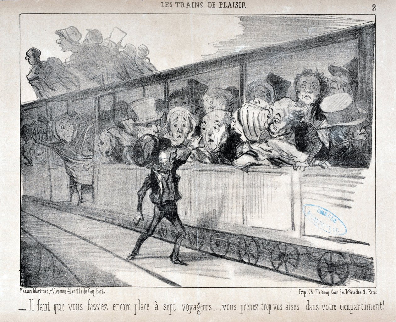 霍诺尔-杜米埃（1808-1879）的作品。Charivari》是1852年的作品。LES TRAINS DE PLEASURE系列 - 你必须为七个乘客腾出空间......你在你的车厢里太舒服了!马赛隆尚宫美术博物馆，马赛 作者 奥诺雷·杜米埃