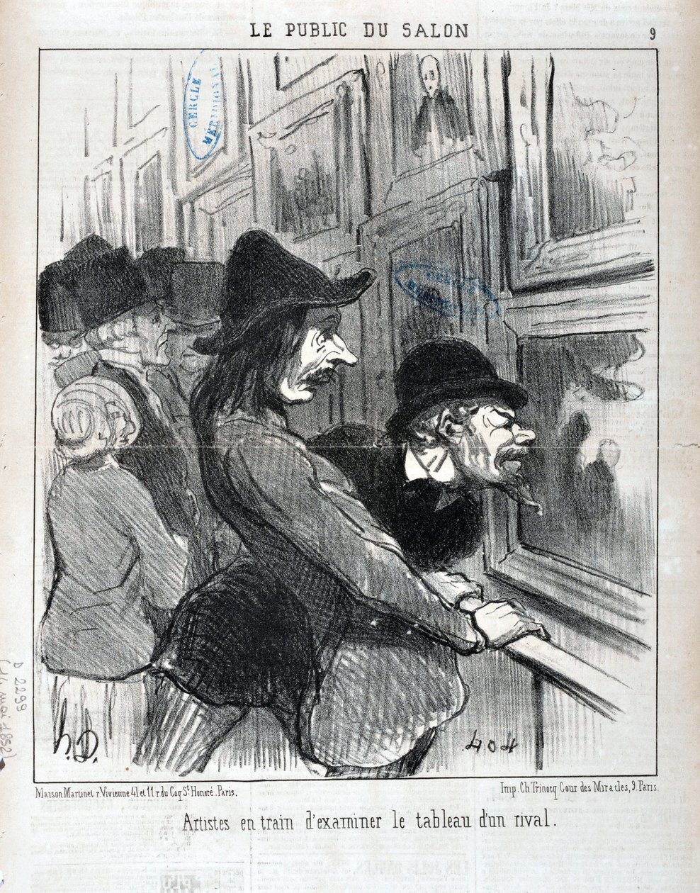 奥诺雷·杜米埃 (1808-1879) 的作品。 Charivari 的历史可追溯至 1852 年：Serie LE PUBLIC DU SALON - “”艺术家检查竞争对手的画作“” MUSEE DES BEAUX ARTS - 马赛长香宫 作者 奥诺雷·杜米埃