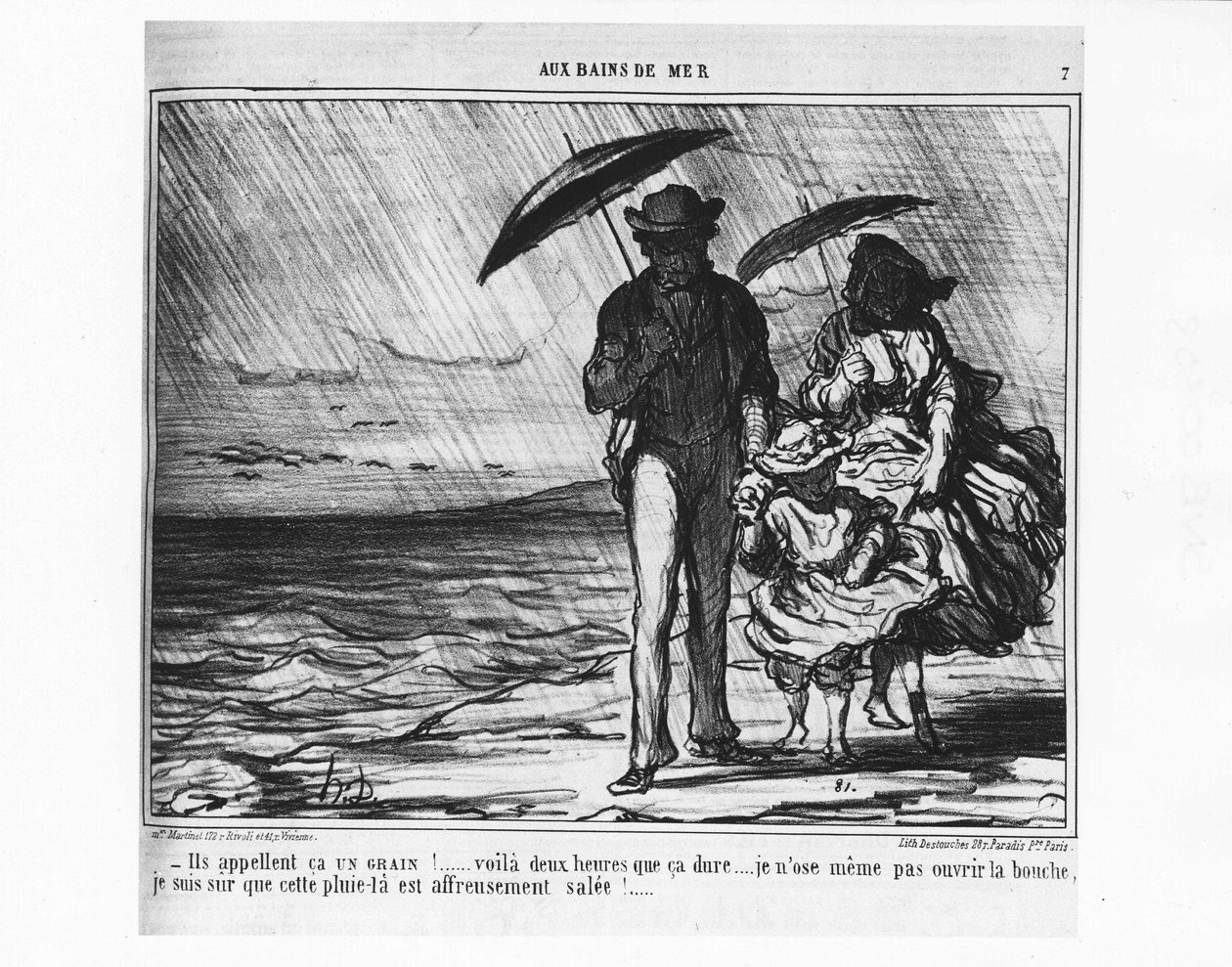 在海水浴场：在倾盆大雨中的海边巴黎人 - 杜米埃 (Daumier)，在 1859 年 9 月 19 日的“Charivari”中。 作者 奥诺雷·杜米埃