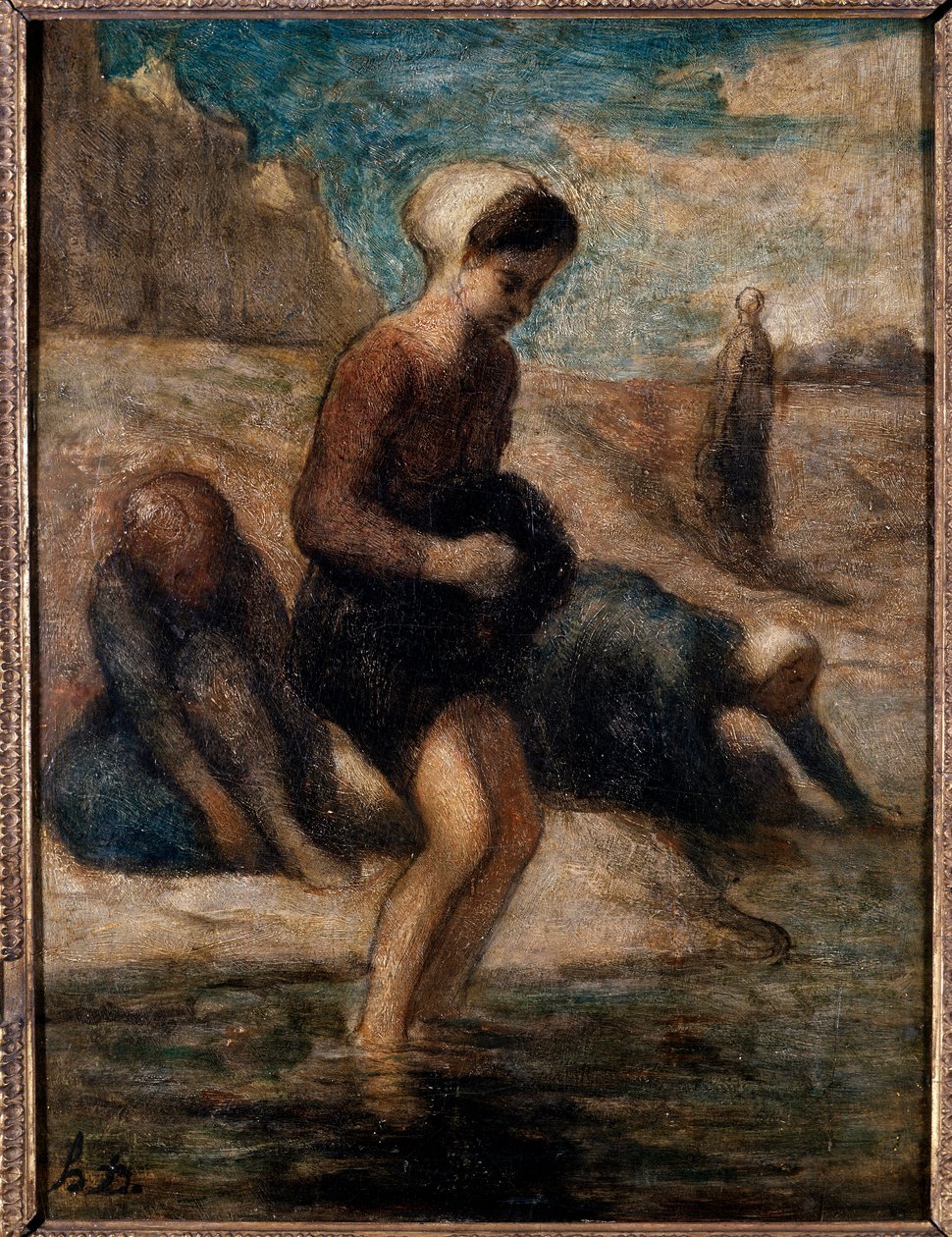 在水边 年轻女子害怕地钻入水中。 奥诺雷·杜米埃 (1808-1879) 的画作，19 世纪太阳。 0,33x0,24 m 特鲁瓦，现代艺术博物馆 作者 奥诺雷·杜米埃