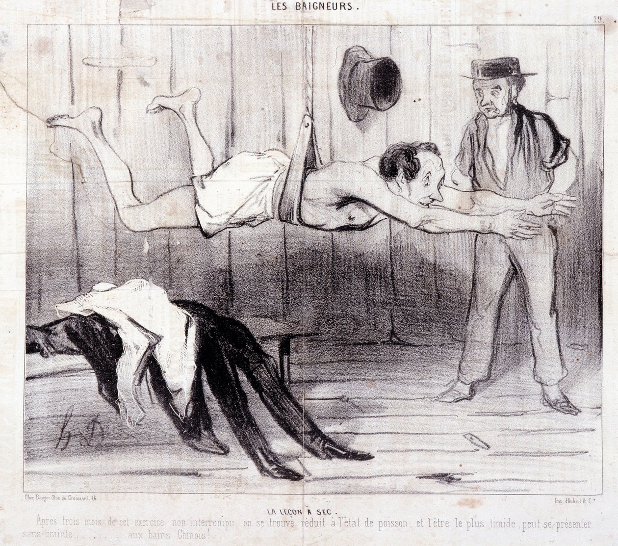 关于游客度假的漫画。"Les Baigneurs "系列。"La lecon a dry".系列 "Les Baigneurs"。"La lecon a dry"。雕刻家Honore DAUMIER (1808-1879)的作品。摘自报纸 "Le Charivari"。Dim 25x36cm box 12 Marseille, Musee 作者 奥诺雷·杜米埃