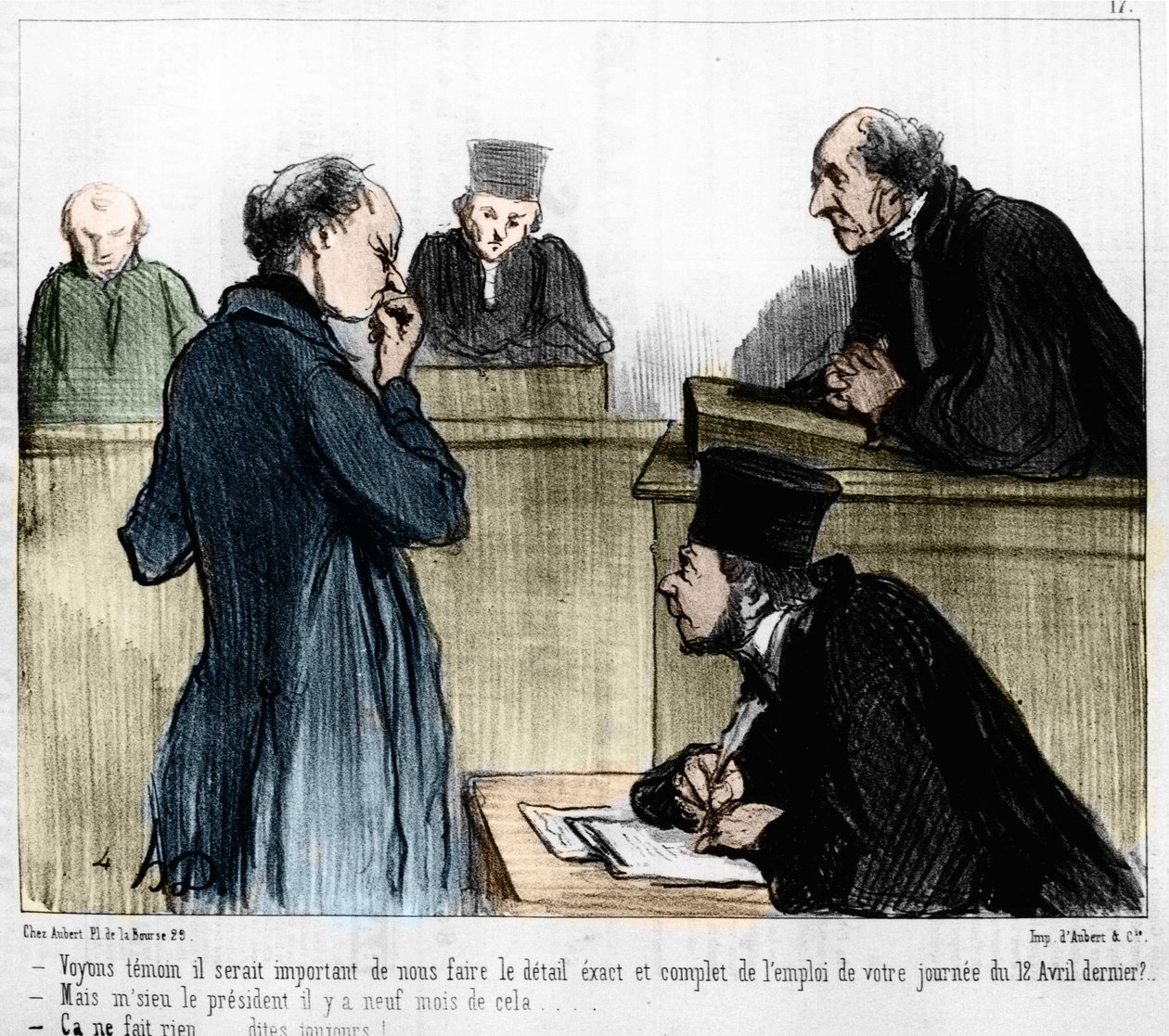 Cartoon by Daumier: Serie “” Les Gens de justice”” published in “” Charivari”” of 04/03/1846. Hearing a witness. 作者 奥诺雷·杜米埃