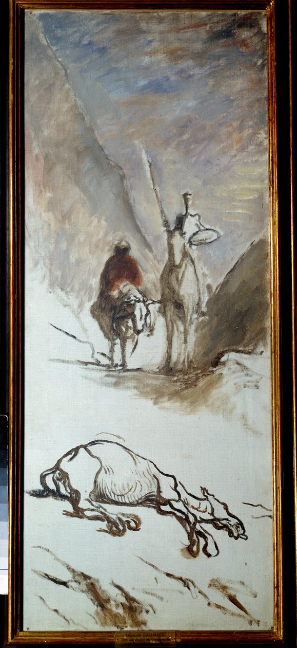 唐吉诃德和死去的骡子 米格尔·塞万提斯 (Miguel Cervantes) 的小说《Don Quixote de la Mancha》 (El ingenioso Hidalgo Don Quijote de la Mancha) 中的插图。 奥诺雷·杜米埃 (1808-1879) 的绘画。 19世纪的太阳。 1,32x0,54 米。 作者 奥诺雷·杜米埃