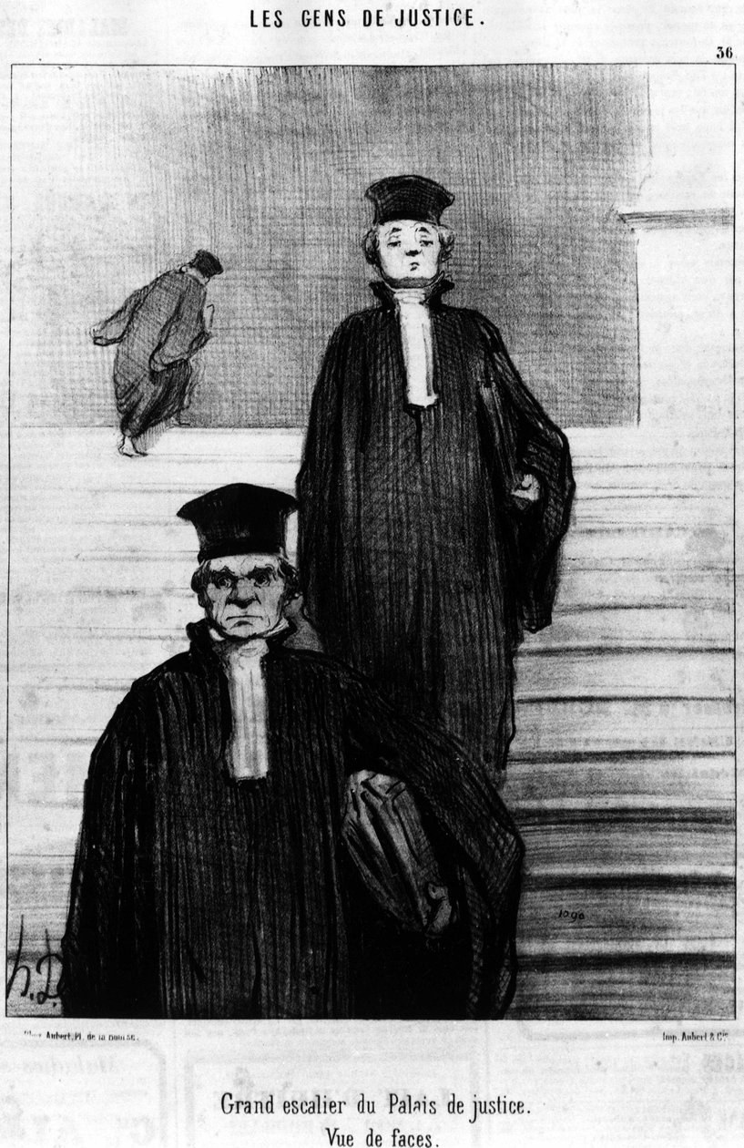 司法宫的大楼梯，面孔视图，取自霍诺尔-杜米埃（1808-1879）关于司法的系列漫画 "正义之士"。"Charivari" 作者 奥诺雷·杜米埃