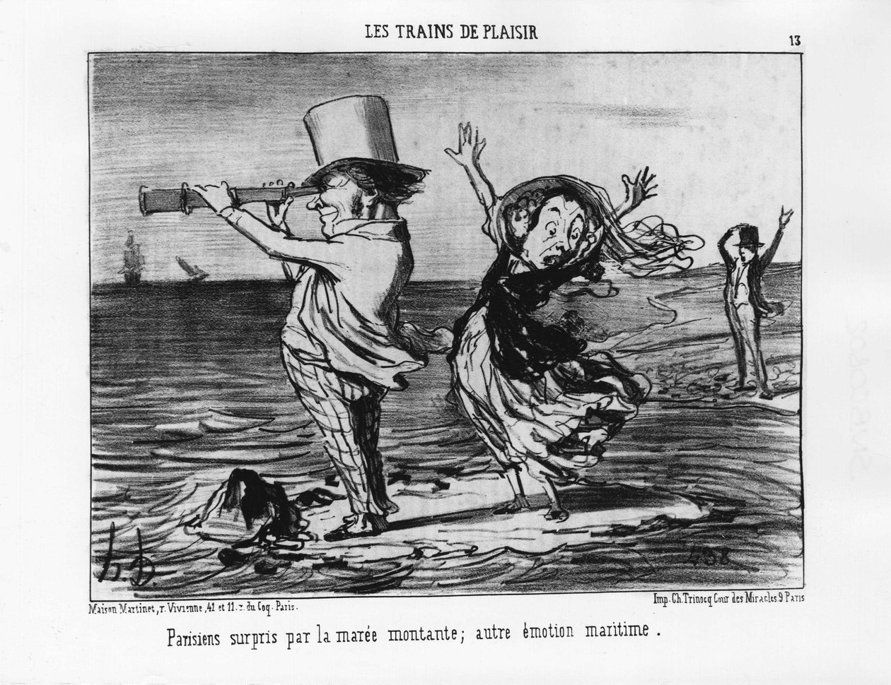 Les Trains de plaisir:巴黎人对涨潮感到惊讶；其他的海洋情感--杜米埃的《Les chemins de fer》，载于1852年9月18日的《Charivari》。 作者 奥诺雷·杜米埃