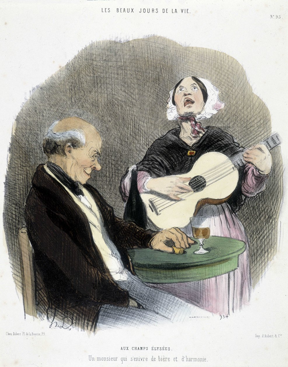 在歌手的陪伴下喝酒的男人 - 奥诺雷·杜米埃 (Honoré Daumier) 的“Les Beaux Days de la vie” 作者 奥诺雷·杜米埃
