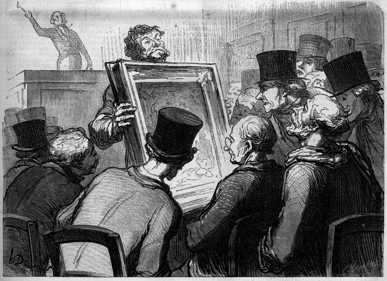 布永酒店的绘画爱好者。漫画作者：Honore Daumier（1808-1879 年）。1 月 25 日《插图世界》第 250 期中的版画 作者 奥诺雷·杜米埃