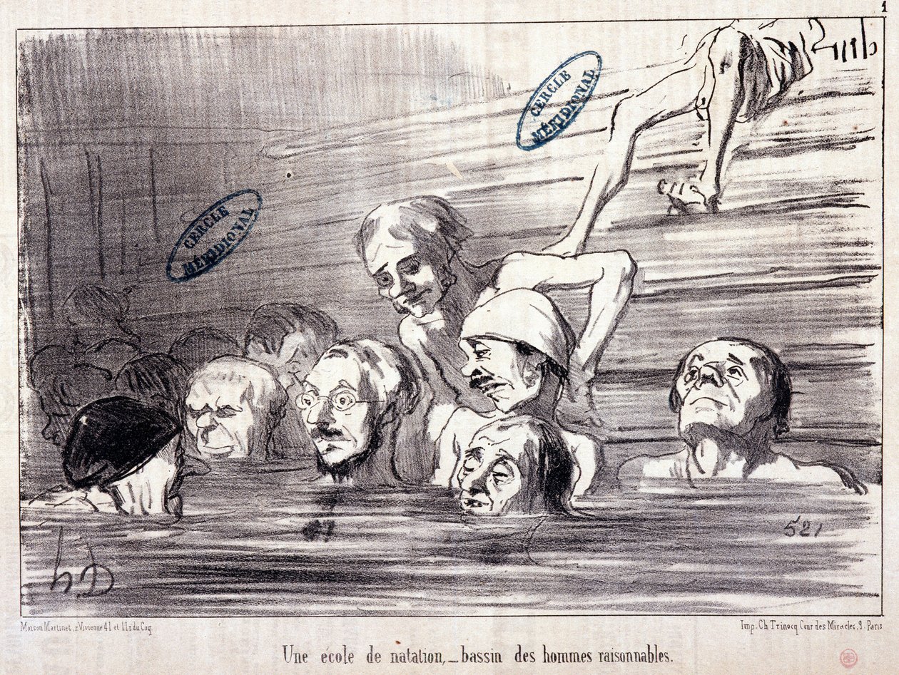 "Les Bains de Mer "系列。"水生素描。一所游泳学校，一个有理智的人的游泳池"。Honore DAUMIER (1808-1879)的版画。摘自报纸 "Le Charivari" 作者 奥诺雷·杜米埃