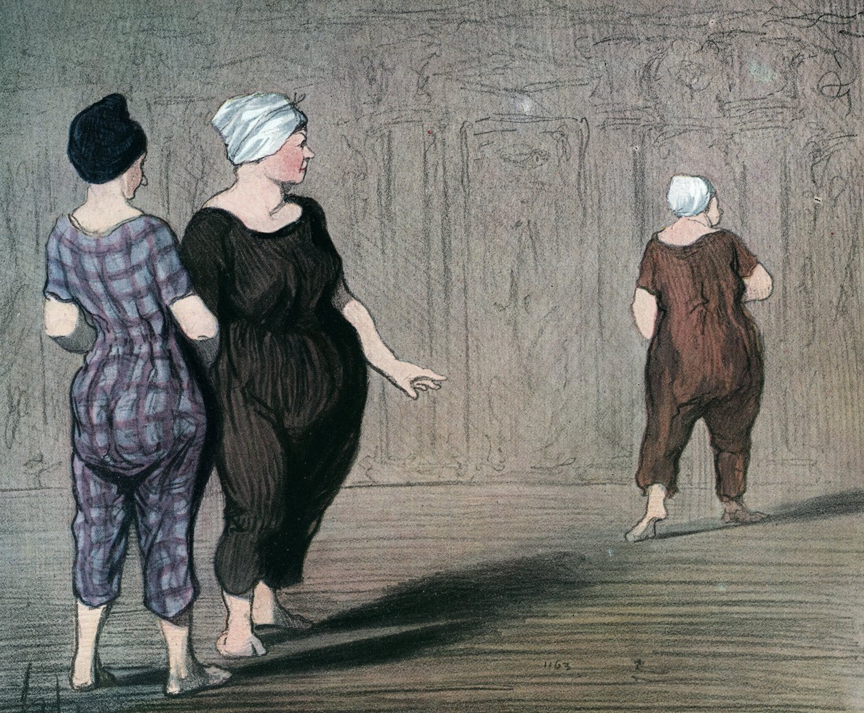 系列 "沐浴者"，两位身着泳装的女士审视着另一位女士的剪裁，漫画，作者霍诺尔-多米耶（1808-1879 年），1844 年（沐浴者：两位身着泳装的女士，上下打量着另一位女士的腰部），私人收藏 作者 奥诺雷·杜米埃