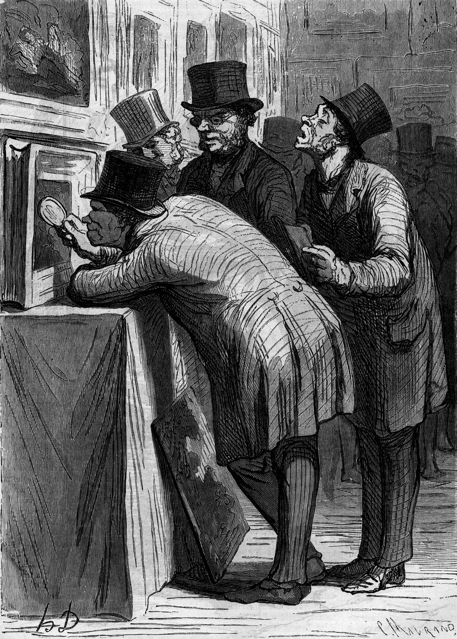 拍卖行：艺术爱好者。漫画家Honore Daumier（1808-1879）。1863年4月18日《世界画报》第314期的版画。 作者 奥诺雷·杜米埃