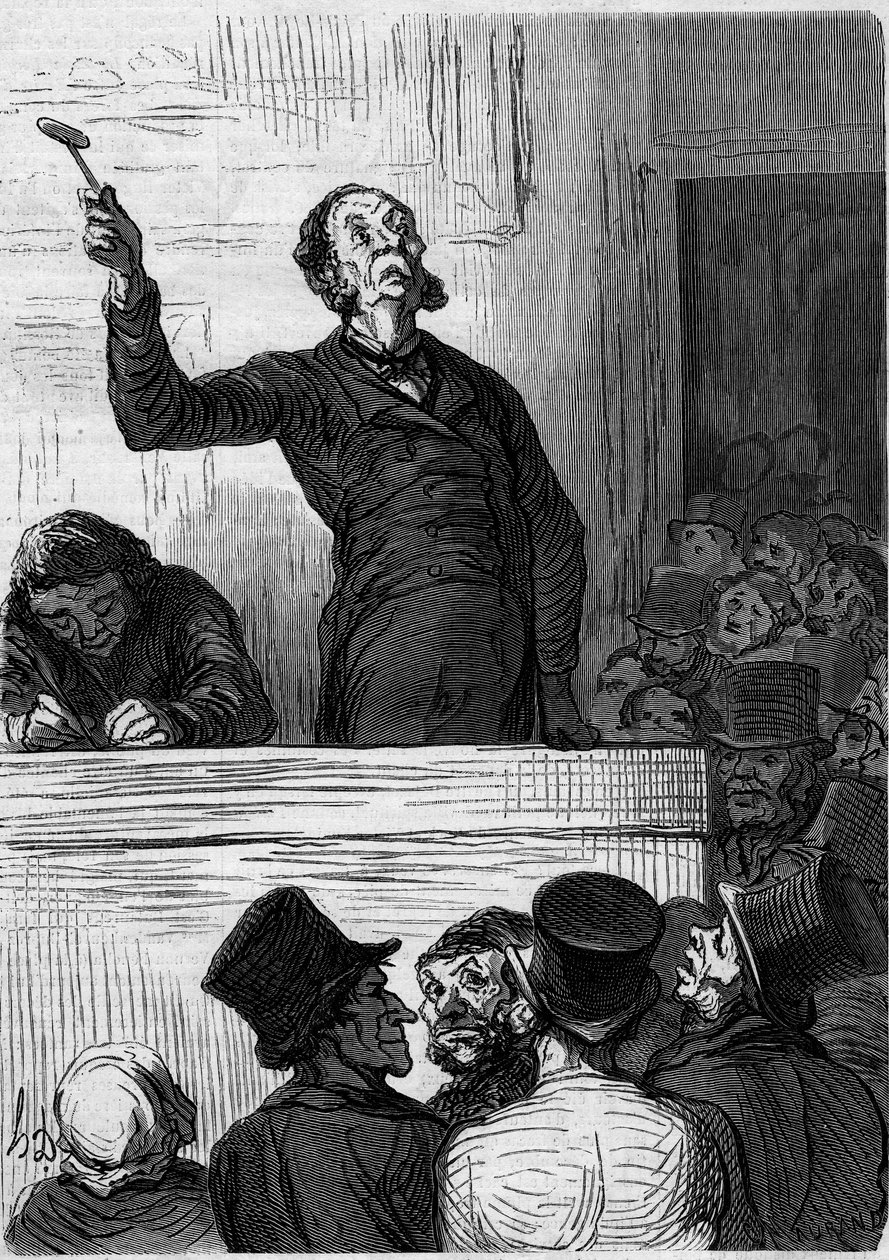 拍卖行：拍卖师（拍卖员）。漫画作者Honore Daumier（1808-1879）。1月10日《世界画报》第300期上的版画 作者 奥诺雷·杜米埃