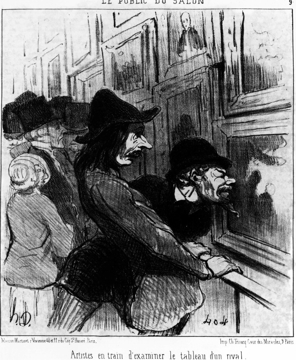 节目的观众。 艺术家们正在检查对手的画作，取自 Honore Daumier（1808-1879 年）的卡通系列“绘画与沙龙”。 “夏里瓦里” 作者 奥诺雷·杜米埃
