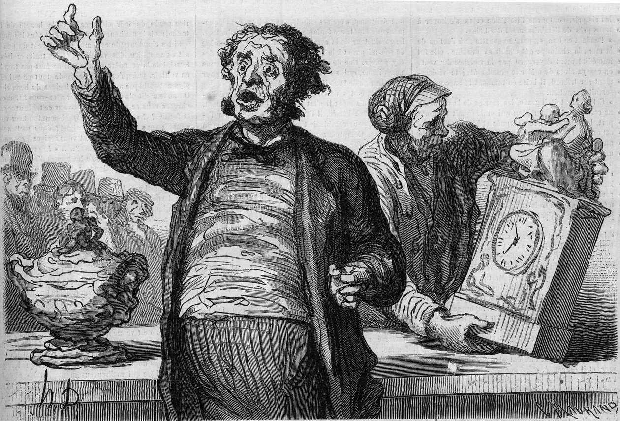 拍卖商的酒店：公共传令官。奥诺尔-杜米埃（1808-1879）的漫画。1月2日《世界画报》第551期上的版画。 作者 奥诺雷·杜米埃