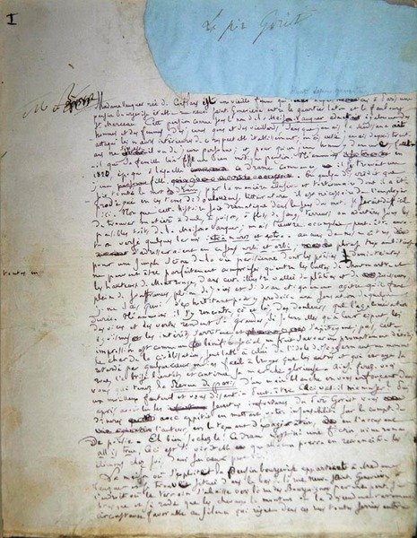 Le Pere Goriot》手稿的第一页（纸上笔墨）。 作者 诺扎·巴尔扎克