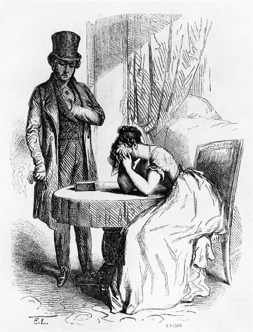 男人凝视下绝望的女人，插图来自奥诺雷·德·巴尔扎克 (Honore de Balzac) 的费拉格斯 (Ferragus)（1799-1850），法国版 作者 诺扎·巴尔扎克
