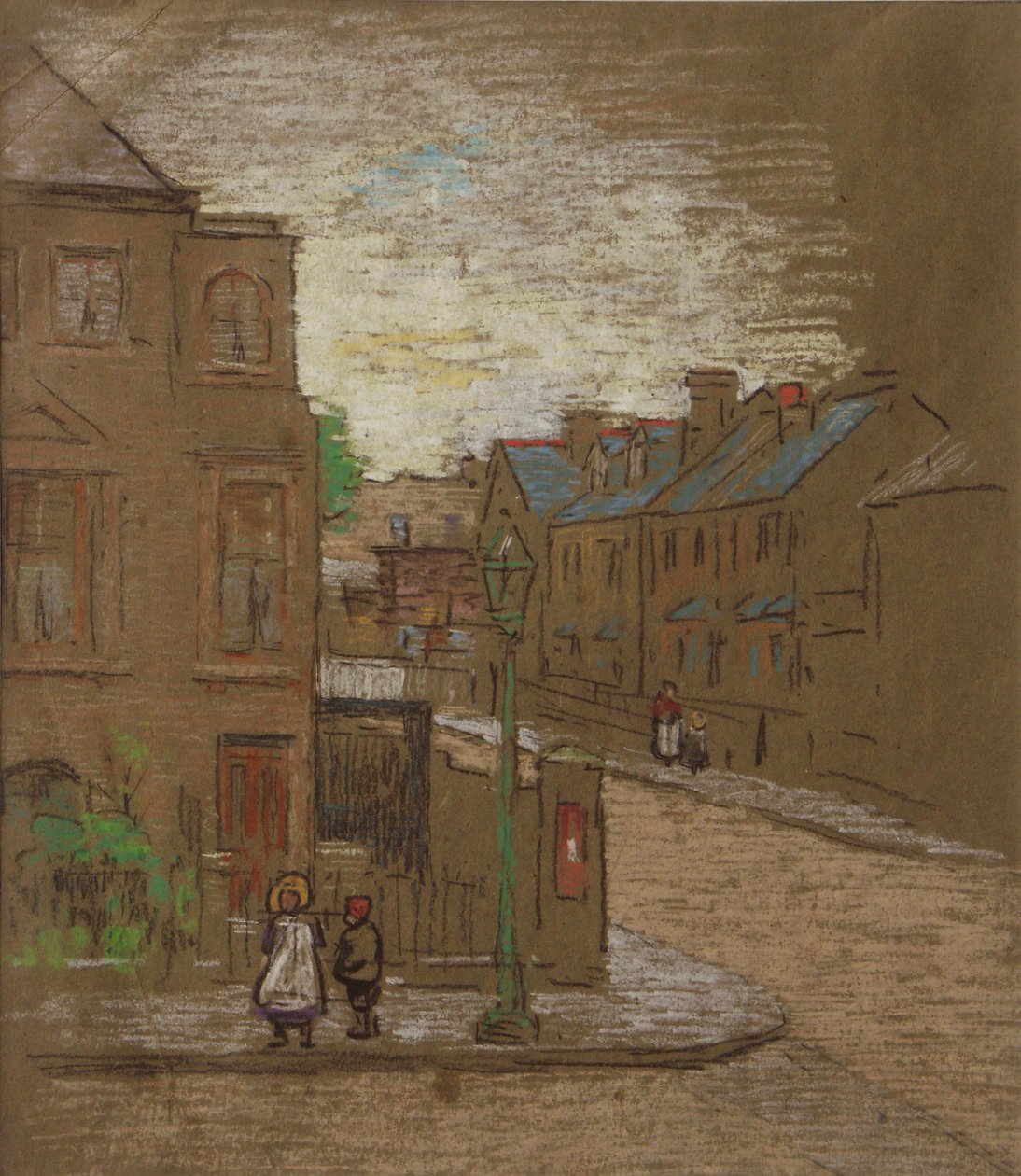 孩子们在一条街的拐角处等待，c.1900（棕色纸上的彩色粉笔） 作者 霍拉斯·曼恩·利文斯
