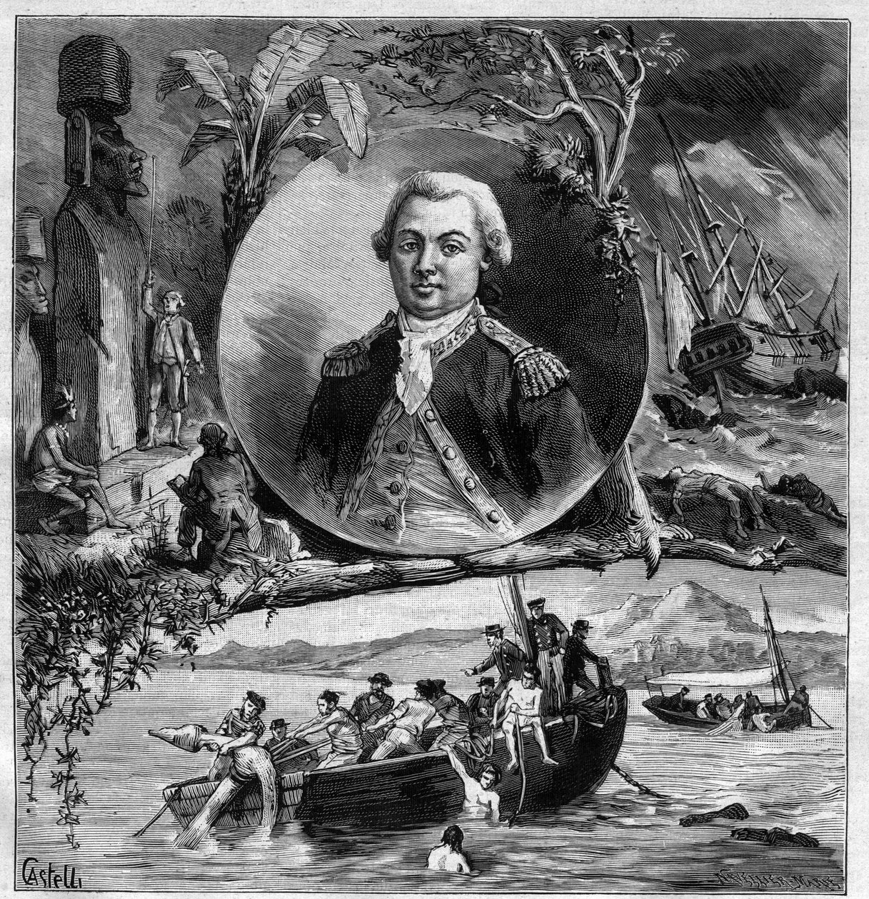 拉佩鲁斯百年纪念》（Jean Francois de Galaup Laperouse）--纪念他1786年抵达复活节岛和1828年杜蒙-德-乌尔维尔发现星盘的肖像。 作者 贺拉斯（后）卡斯特利