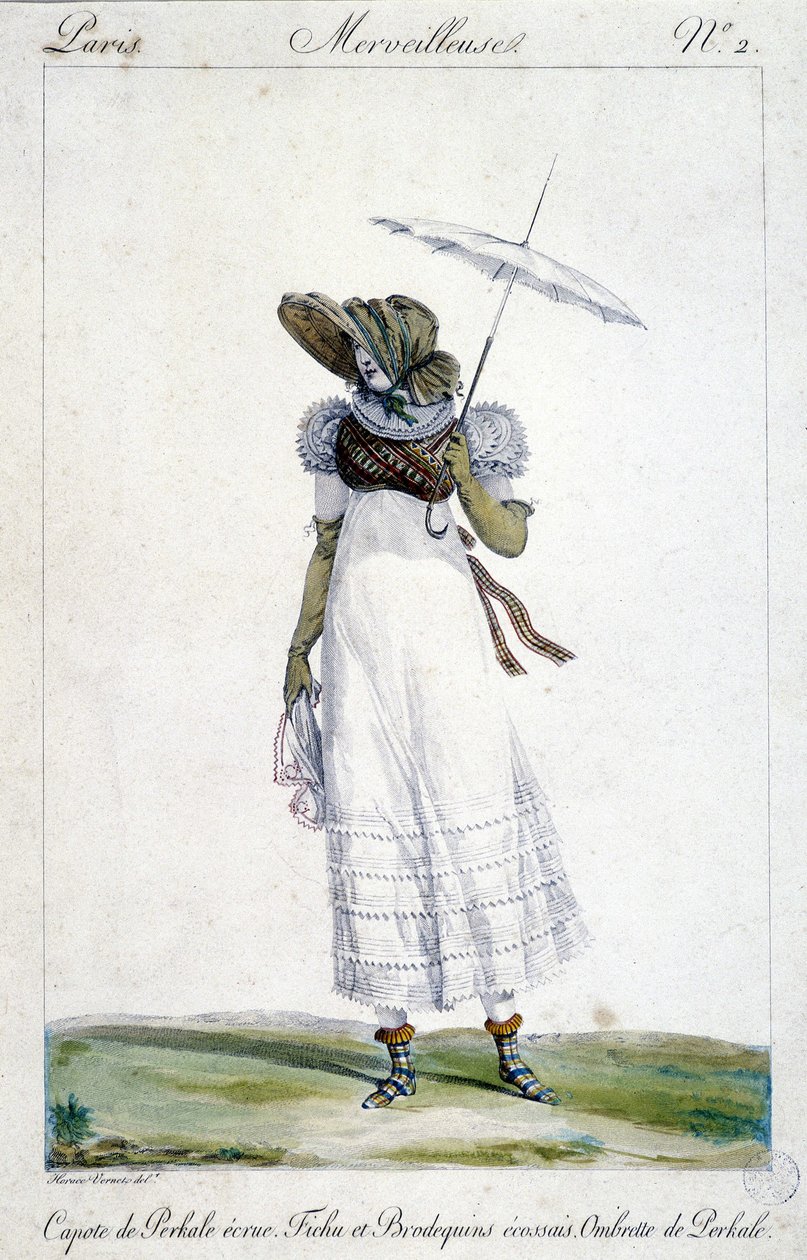 Fashion engraving by Horace Vernet (1789 - 1863), made around 1810 for “A Wonderful”, depicting a woman wearing an ecrue canopy, a bloody, tartan embroidery and an umbrella. 作者 埃米尔·让·霍勒斯·韦尔内