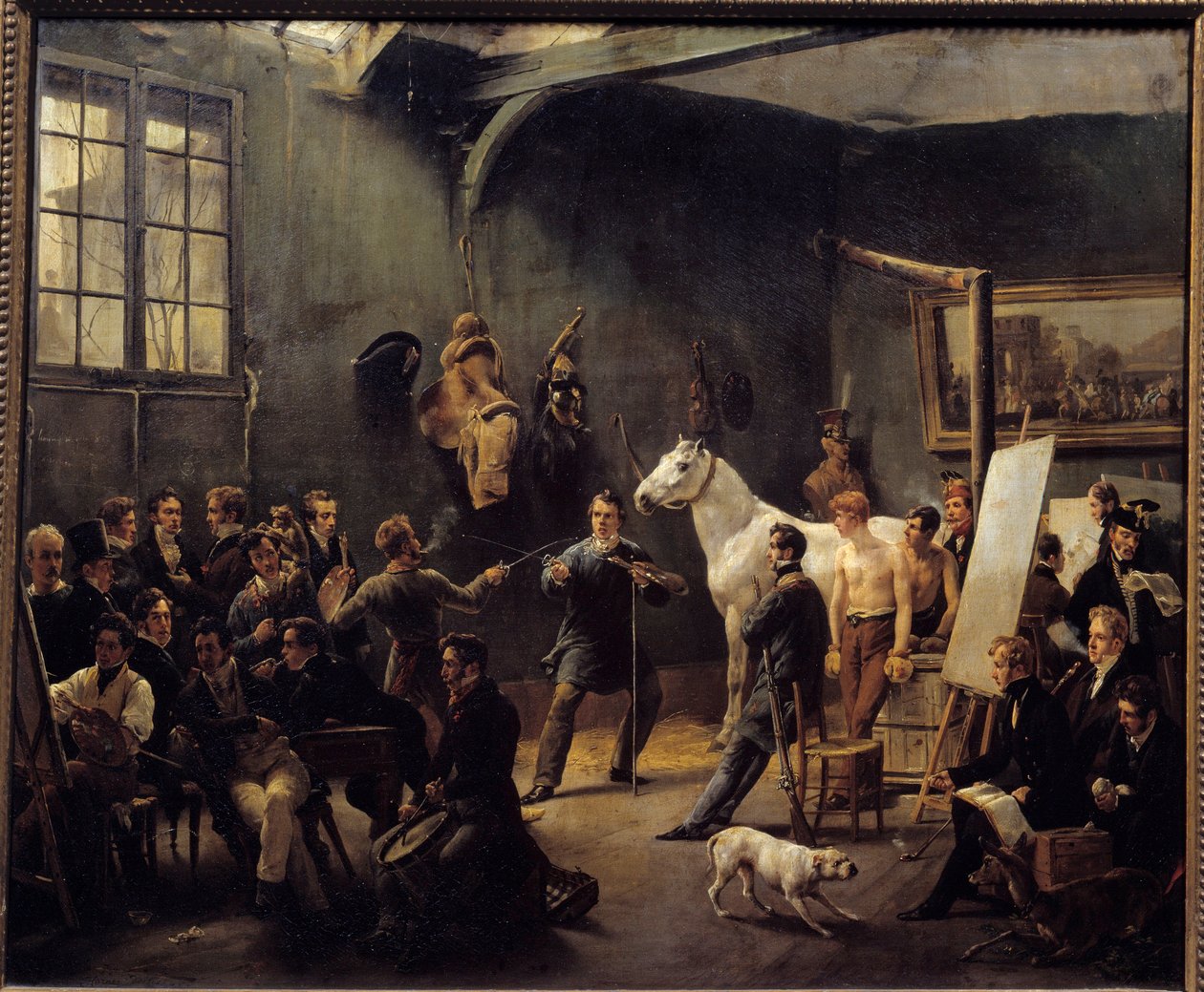 1820 年 Horace Vernet 的工作室。许多学徒在动物模型上练习。 Horace Emile Vernet (1789-1863) 1820 年作画。 0,55x0,65m。 卡诺收藏 作者 埃米尔·让·霍勒斯·韦尔内