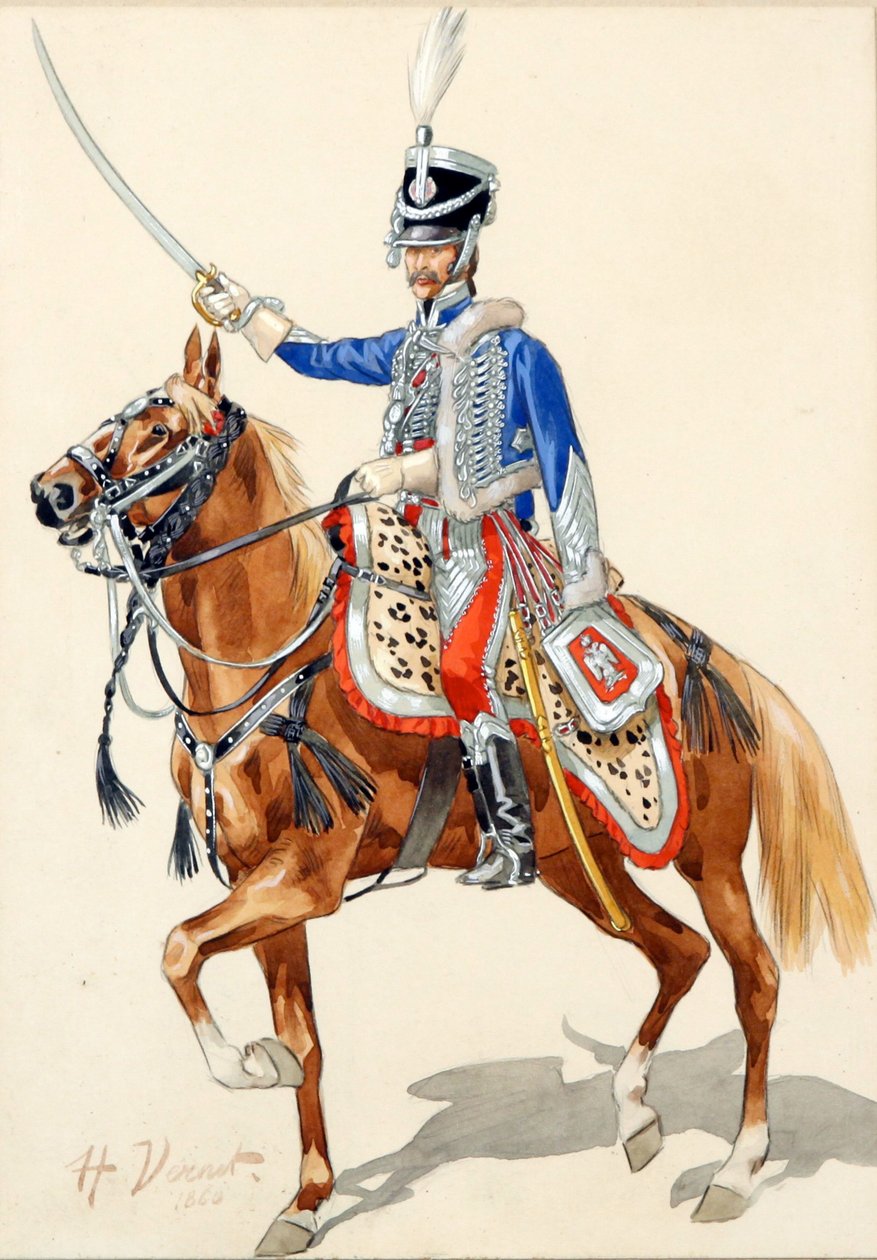Hussard russe levant 子军刀 - 俄罗斯轻骑兵举起他的军刀 par Vernet, Horace (1789-1863), - 纸本水彩和水墨, 30x21 - 私人收藏 作者 埃米尔·让·霍勒斯·韦尔内