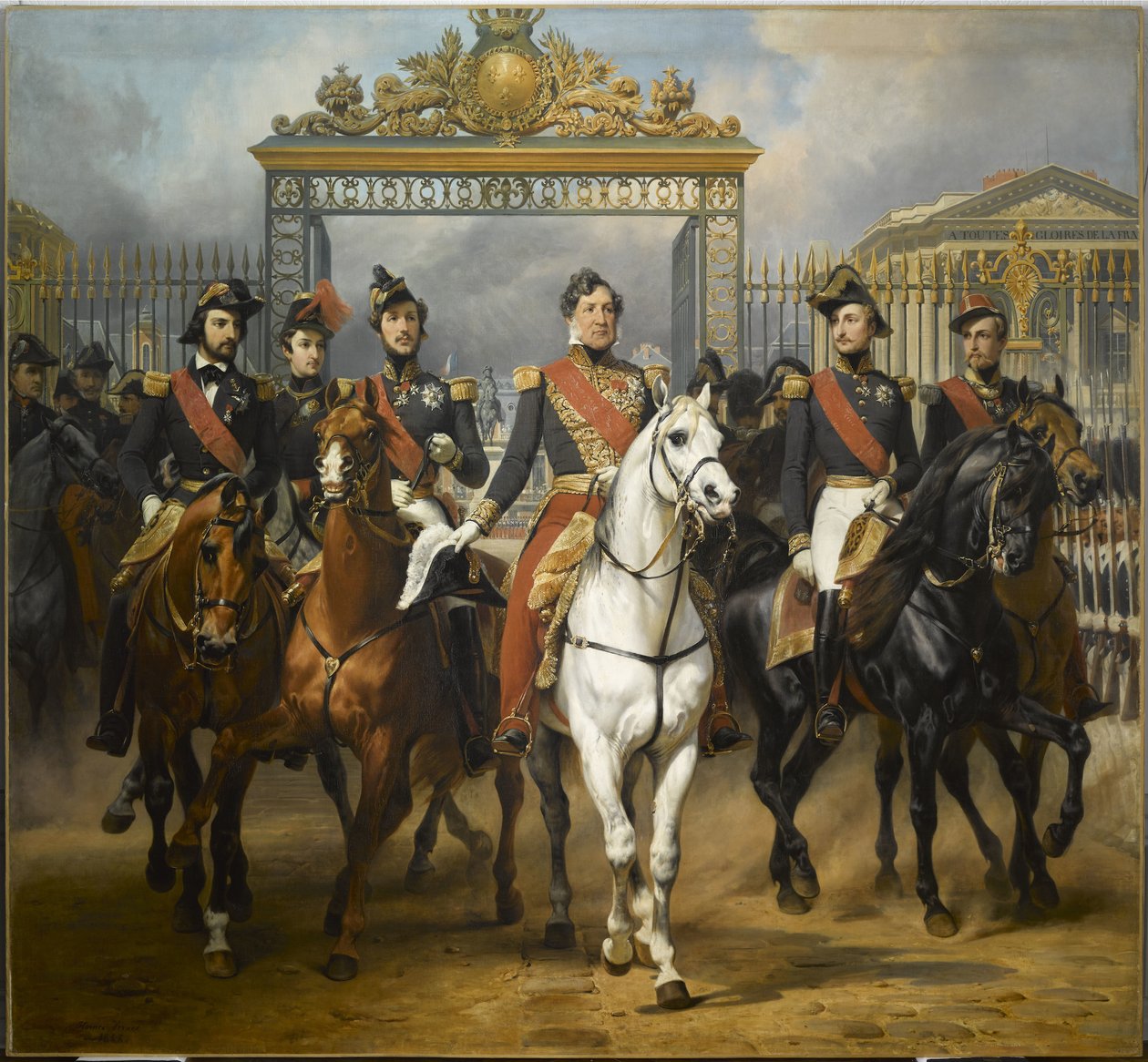 1837年6月10日，路易-菲利普国王在五个儿子的簇拥下，在庭院进行军事检阅后从凡尔赛宫正门离开。 作者 霍勒斯·韦尔内