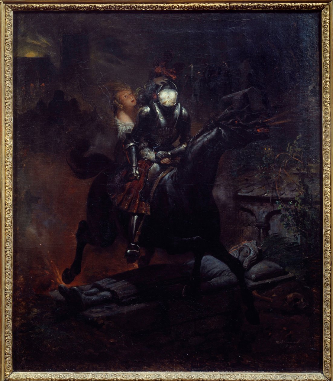 Leonore 的民谣 戈特弗里德·伯格 (Gottfried Burger) 的诗“Leonore” (1747-1794) 的插图，死亡在他的马上带走了 Leonore。 Emile Jean Horace Vernet (1789-1863) 1839 年作画。 0,61x0,55 m 南特，美术博物馆 作者 埃米尔·让·霍勒斯·韦尔内