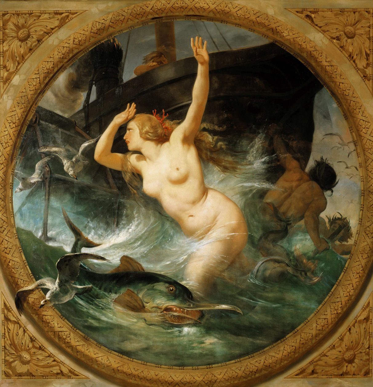 蒸汽使海神飞翔 天花板画，Salle des Pas perdus，1839-1847。 作者 埃米尔·让·霍勒斯·韦尔内