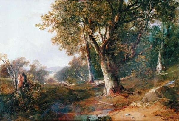 远处有城堡的森林景观，约1865年（布面油画 作者 霍拉索·麦卡洛克（Horatio McCulloch）