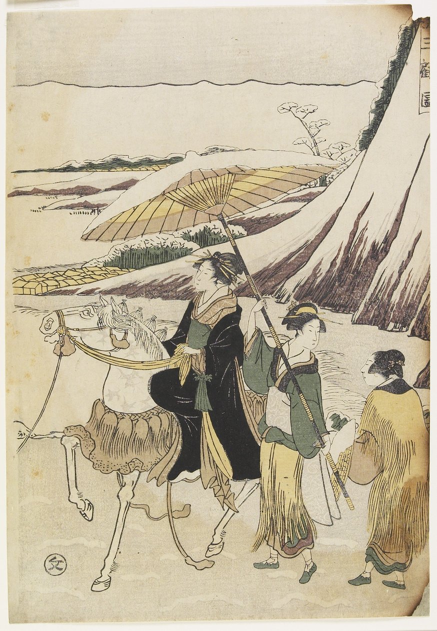 三个女人穿越山沟，1794-96（彩色木版画） 作者 细田绘里