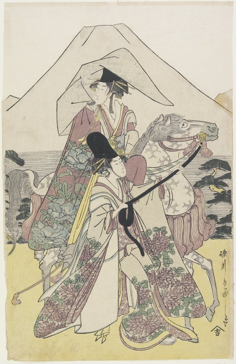 两名妇女乘马旅行在山脚下富士山，17世纪90年代（彩色木版画） 作者 细田绘里