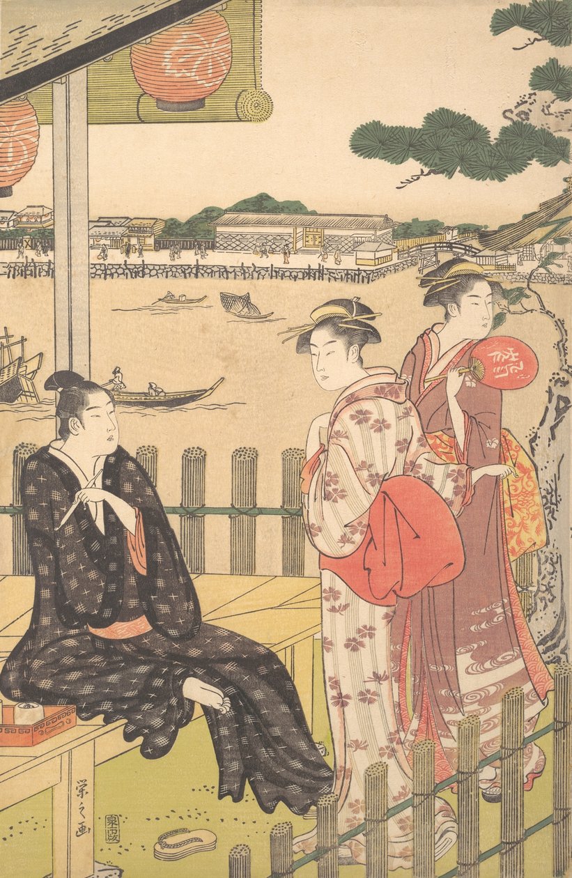 隅田川岸边的茶馆中的人群，约1790年。 作者 细田英史