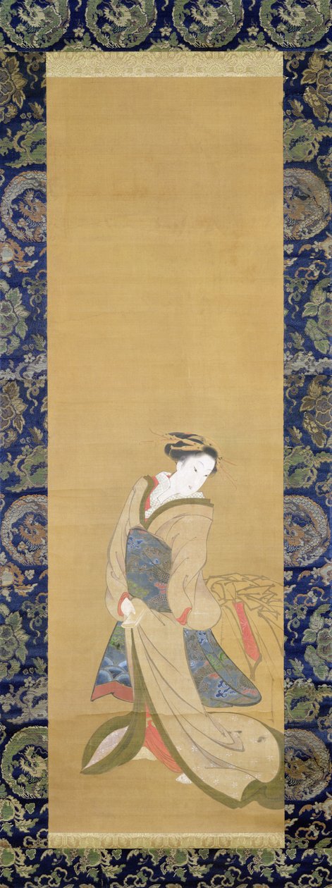 蓝色宽带的优雅女人（丝绸上的钢笔和墨水） 作者 布袋