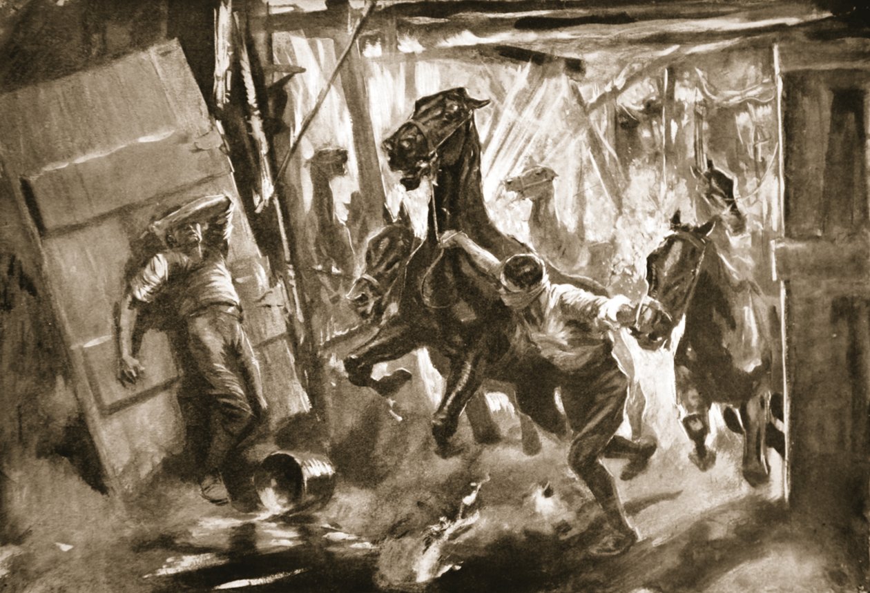 临时的Farrier-Sergeant Cussens将马匹从马厩中解救出来 作者 霍华德·埃尔科克