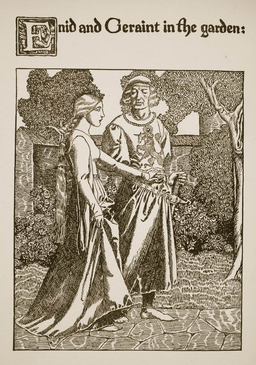 Enid和Geraint在花园里，插图来自&39;圣杯的故事和亚瑟的传递&39;，c.1910 作者 霍华德·派尔