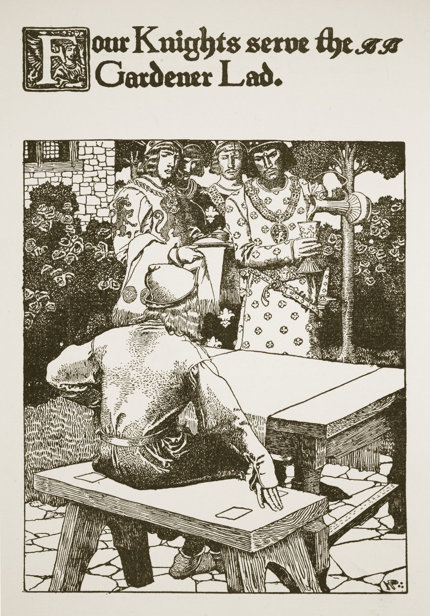 1903年，四位骑士为Gardener Lad服务，插图来自“亚瑟王的故事和他的骑士” 作者 霍华德·派尔