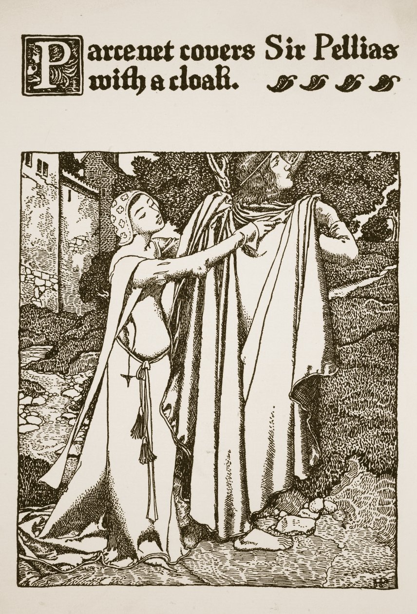 Parcenet用披风盖住佩利亚斯爵士，插图来自“亚瑟王的故事和他的骑士”，1903年 作者 霍华德·派尔