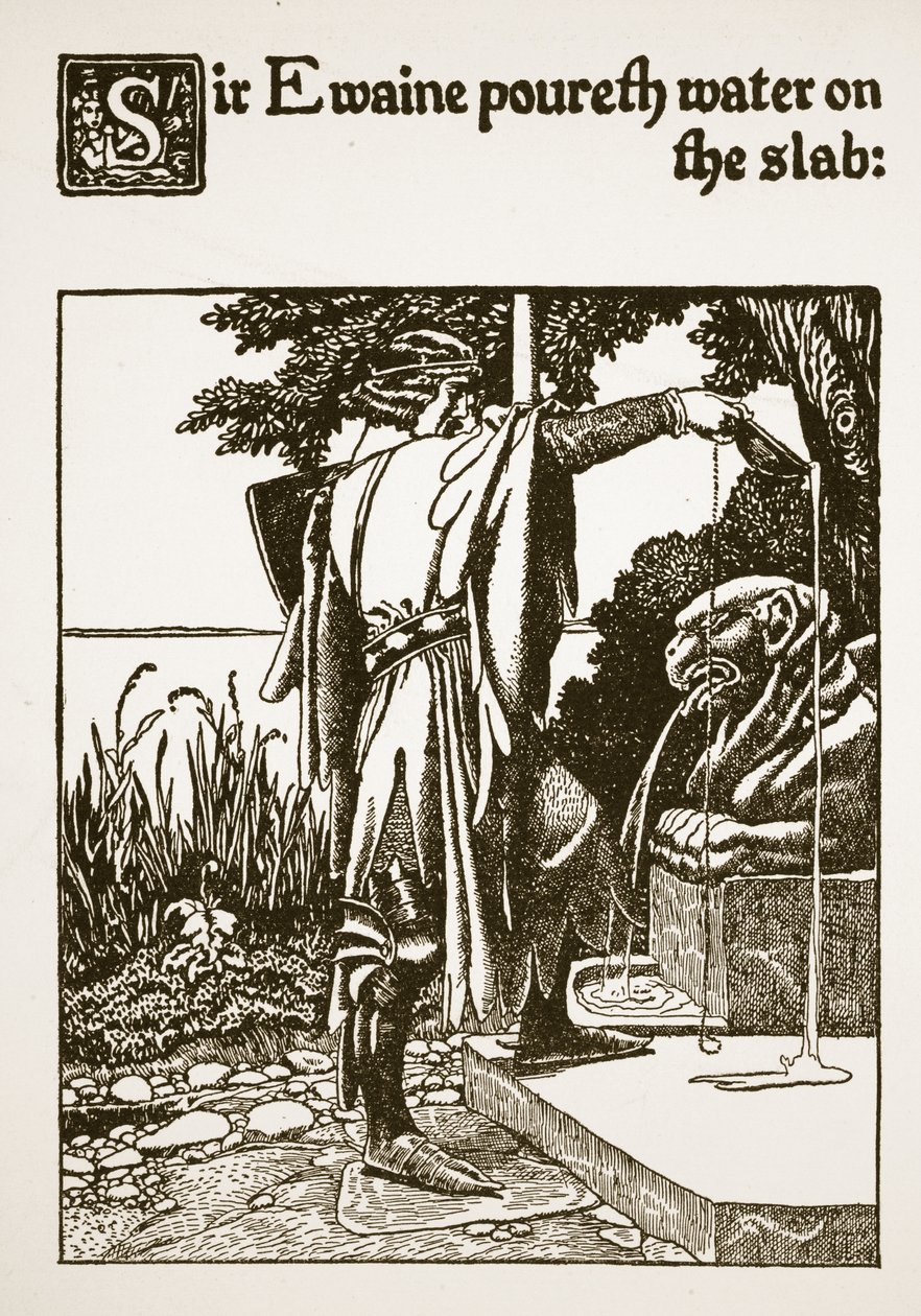Ewaine爵士在平板上泼水，插图来自“朗塞洛爵士及其同伴的故事”，1907年 作者 霍华德·派尔
