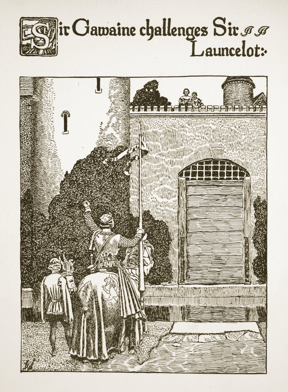 Gawaine爵士向Launcelot爵士发起挑战，来自“圣杯的故事和亚瑟的过世”，c.1910 作者 霍华德·派尔