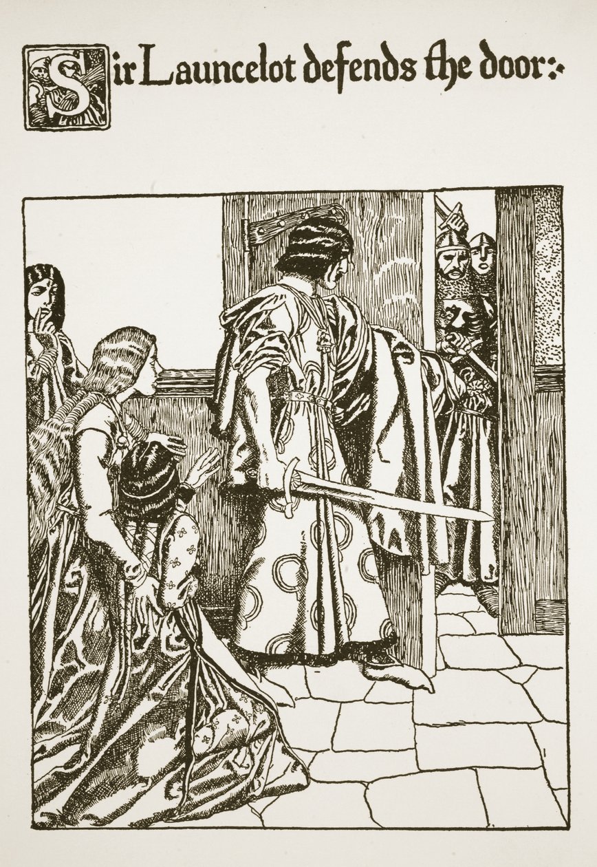 朗塞洛爵士捍卫了大门，插图来自“圣杯的故事和亚瑟的过世”，c.1910 作者 霍华德·派尔