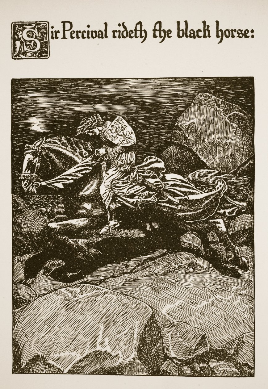 Percival爵士骑着黑马，插图来自“圣杯的故事和亚瑟的传递”，c.1910 作者 霍华德·派尔