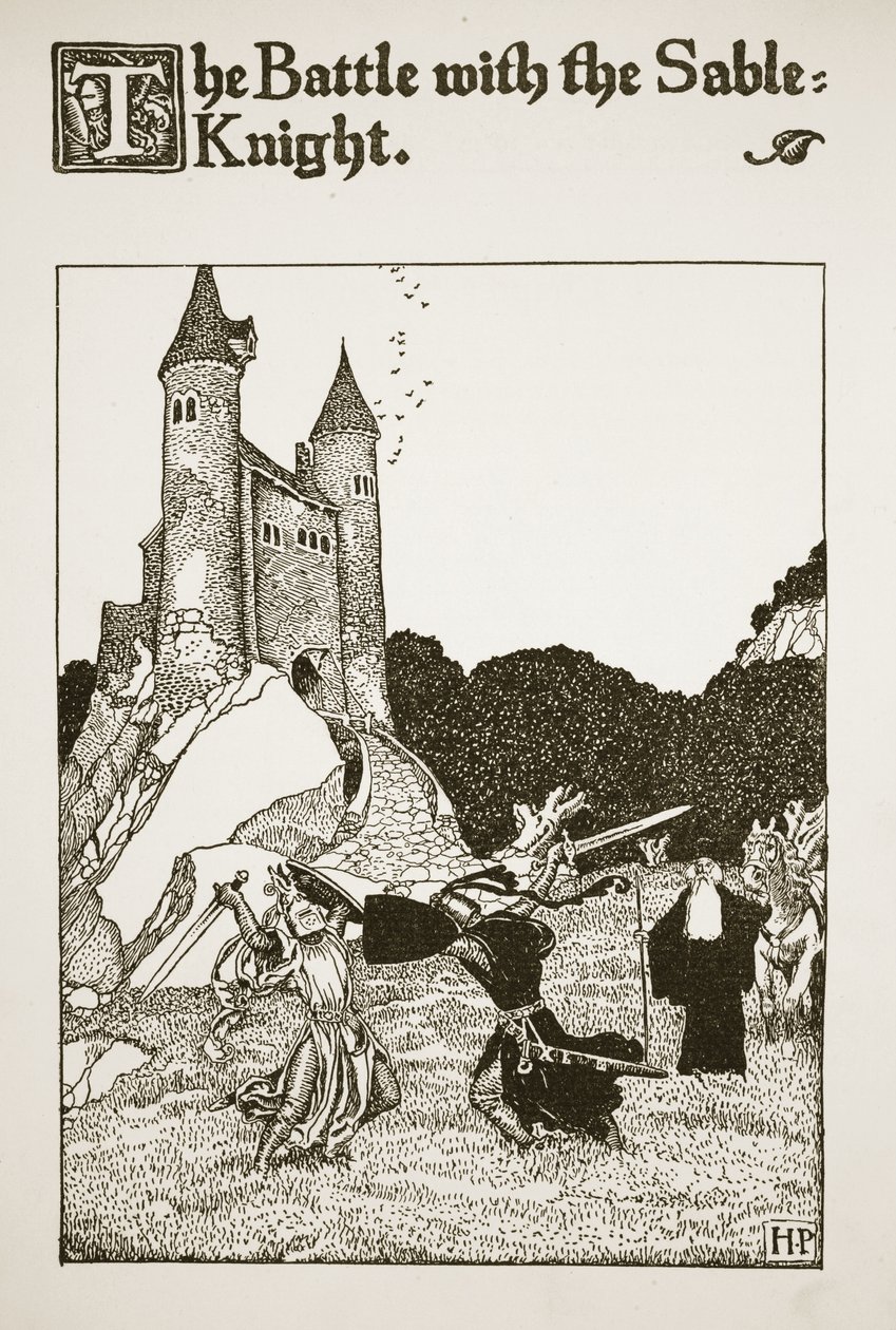 与黑貂骑士的战斗，来自“亚瑟王及其骑士的故事”的插图，1903年 作者 霍华德·派尔